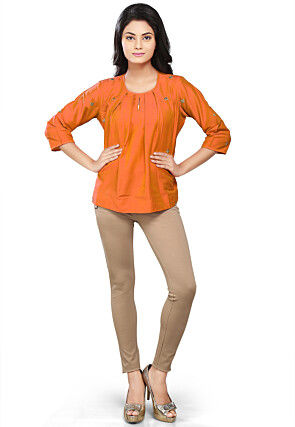 Embroidered Cotton Silk Top in Orange