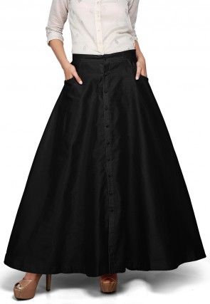 Plain Dupion Silk Long Skirt in Black