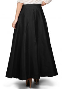 Plain Dupion Silk Long Skirt in Black