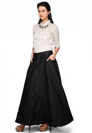 Plain Dupion Silk Long Skirt in Black