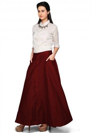 Plain Dupion Silk Long Skirt in Maroon