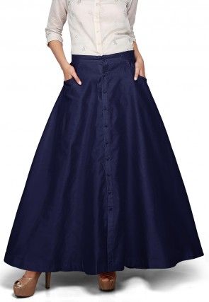 Plain Dupion Silk Long Skirt in Navy Blue