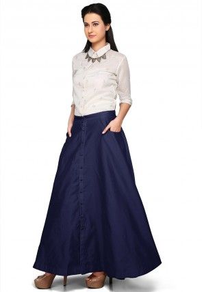 Plain Dupion Silk Long Skirt in Navy Blue