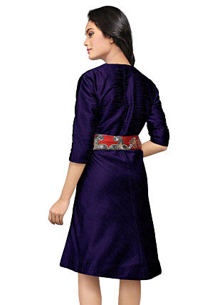 Embroidered Raw Silk Dress in Dark Blue