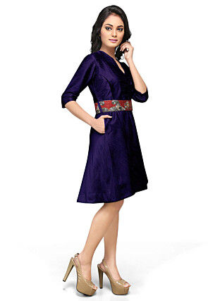 Embroidered Raw Silk Dress in Dark Blue