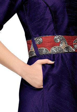 Embroidered Raw Silk Dress in Dark Blue