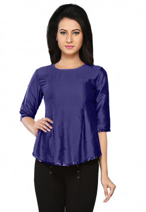 Embroidered Cotton Silk Top in Dark Blue