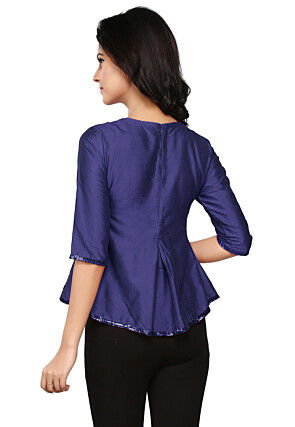 Embroidered Cotton Silk Top in Dark Blue