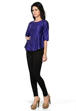 Embroidered Cotton Silk Top in Dark Blue