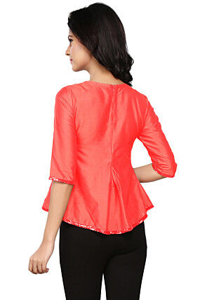 Embroidered Cotton Silk Top in Coral