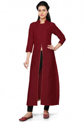 Plain Art Silk Kurta in Maroon