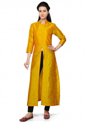 Plain Art Silk Kurta in Yellow