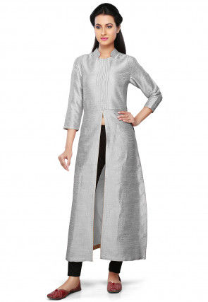 Plain Art Silk Kurta in Grey