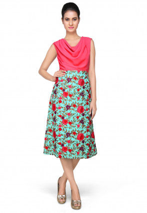 Embroidered Georgette Dress In Pink and Turquoise