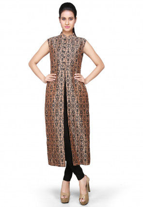 Printed Chanderi Silk Long Kurta In Peach