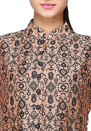 Printed Chanderi Silk Long Kurta In Peach
