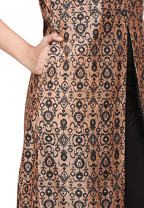 Printed Chanderi Silk Long Kurta In Peach