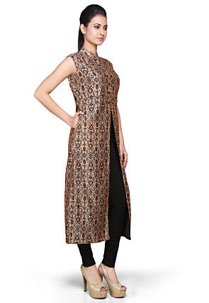 Printed Chanderi Silk Long Kurta In Peach