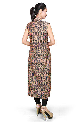 Printed Chanderi Silk Long Kurta In Peach