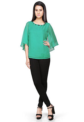 Cape Style Georgette Top In Teal Green