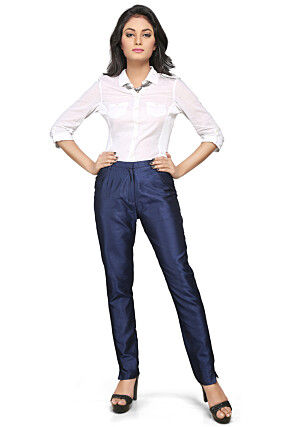 Art Dupion Silk Straight Pant in Navy Blue