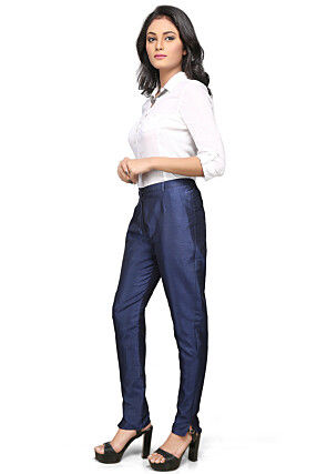 Art Dupion Silk Straight Pant in Navy Blue