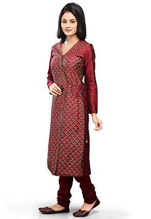 Printed Art Silk Straight Suit in Maroon
