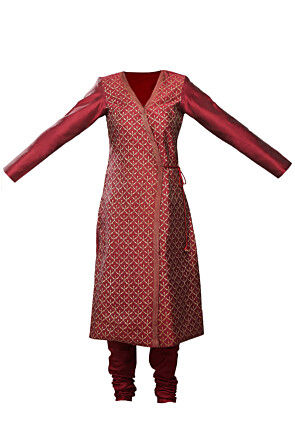 Printed Art Silk Straight Suit in Maroon