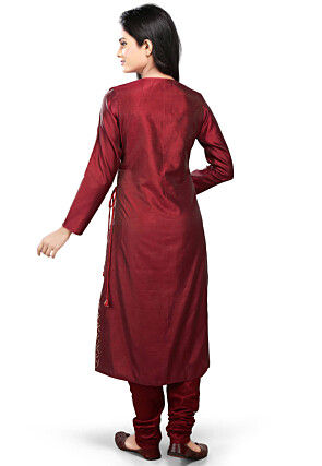 Printed Art Silk Straight Suit in Maroon