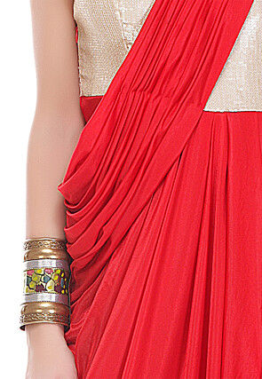 Sequins Embroidered Lycra Draping Dress in Red and Golden