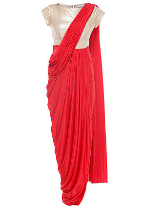 Sequins Embroidered Lycra Draping Dress in Red and Golden
