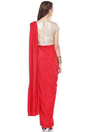 Sequins Embroidered Lycra Draping Dress in Red and Golden