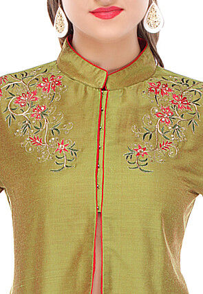 Embroidered Cotton Silk Jacket in Green