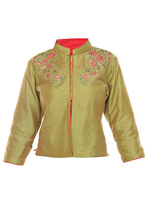 Embroidered Cotton Silk Jacket in Green