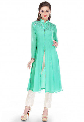 Embroidered Georgette Long Kurta in Pastel Green