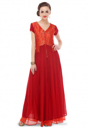 Double Layered Georgette and Brocade Long Kurta in Red