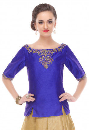 Embroidered Dupion Silk Top in Royal Blue