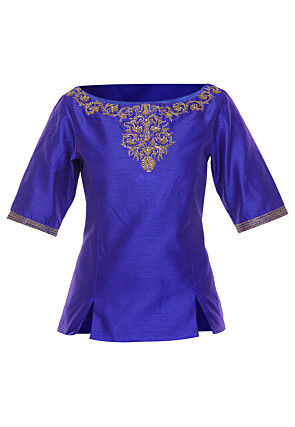 Embroidered Dupion Silk Top in Royal Blue