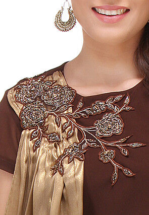 Embroidered Georgette Kurta in Brown and Golden
