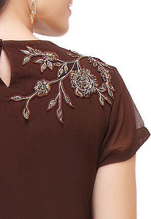 Embroidered Georgette Kurta in Brown and Golden