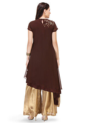 Embroidered Georgette Kurta in Brown and Golden