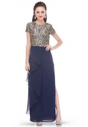 Flared Slit Brocade and Georgette Dress in Navy Blue
