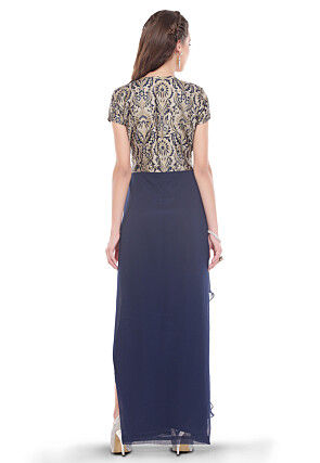 Flared Slit Brocade and Georgette Dress in Navy Blue
