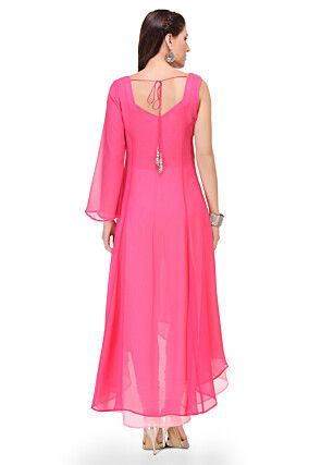 Plain Georgette Asymmetric Dress in Fuchsia