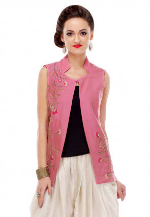 Embroidered Cotton Silk Jacket in Pink