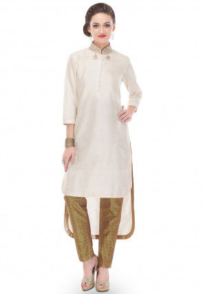Plain Cotton Silk Long Kurta in Off White