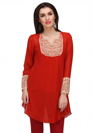 Embroidered Georgette Tunic in Red