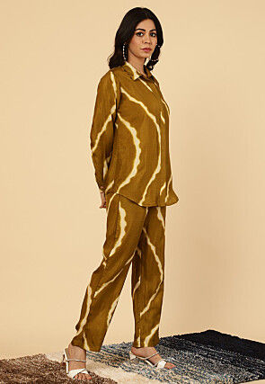 Tie Dye Printed Art Silk Co Ord Set in Dark Olive Green