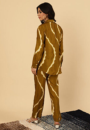 Tie Dye Printed Art Silk Co Ord Set in Dark Olive Green