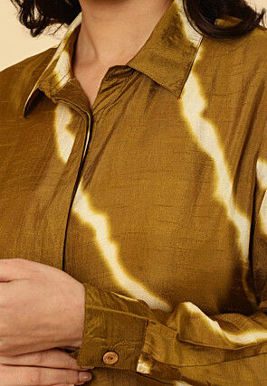 Tie Dye Printed Art Silk Co Ord Set in Dark Olive Green